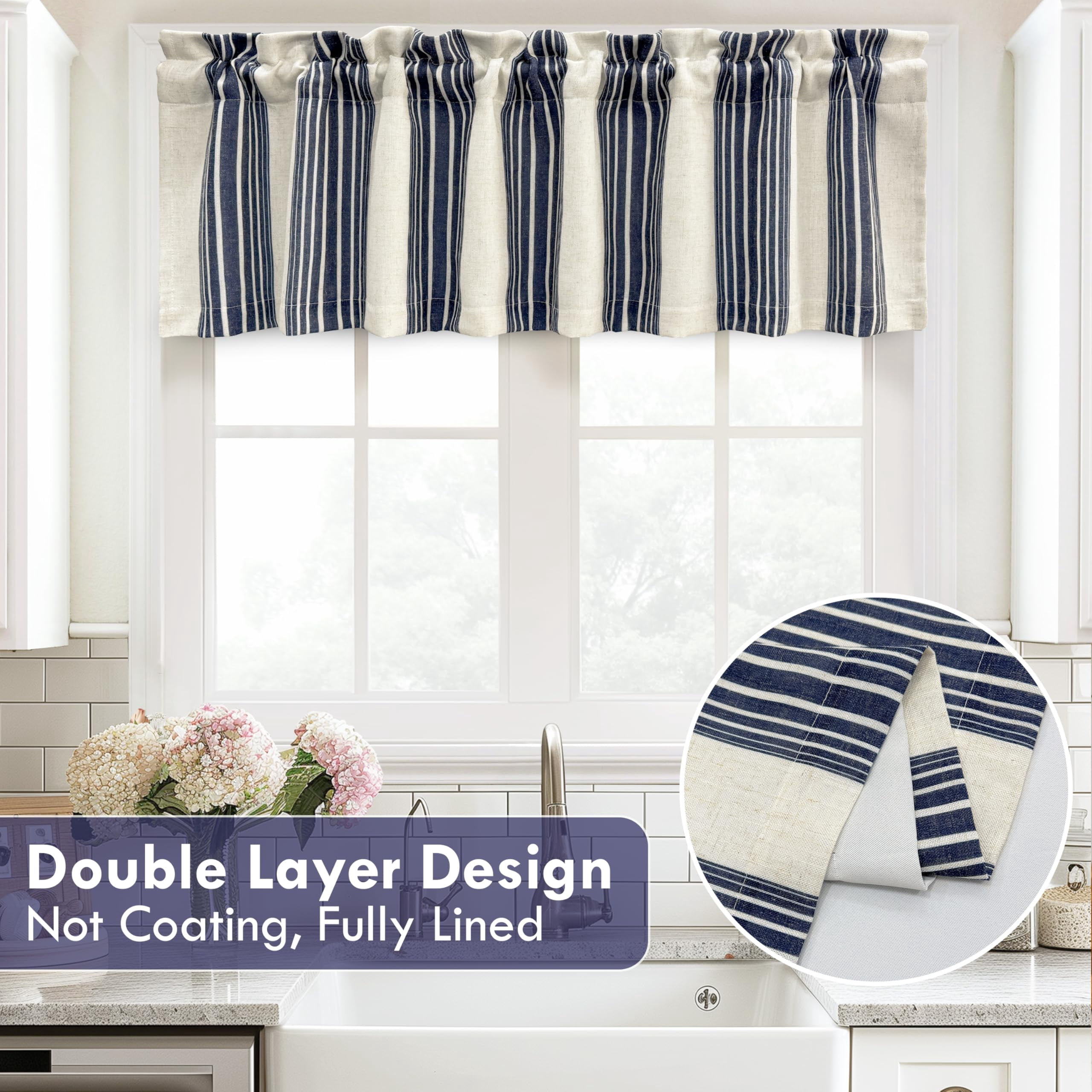 DriftAway Chris Linen Lined Valance Double Layer Thermal Insulated Room Darkening Blackout Valances 3 Inch Rod Pocket Vertical Striped Kitchen Valance for Bathroom 52 Inch by 14 Inch Ivory Dark Blue