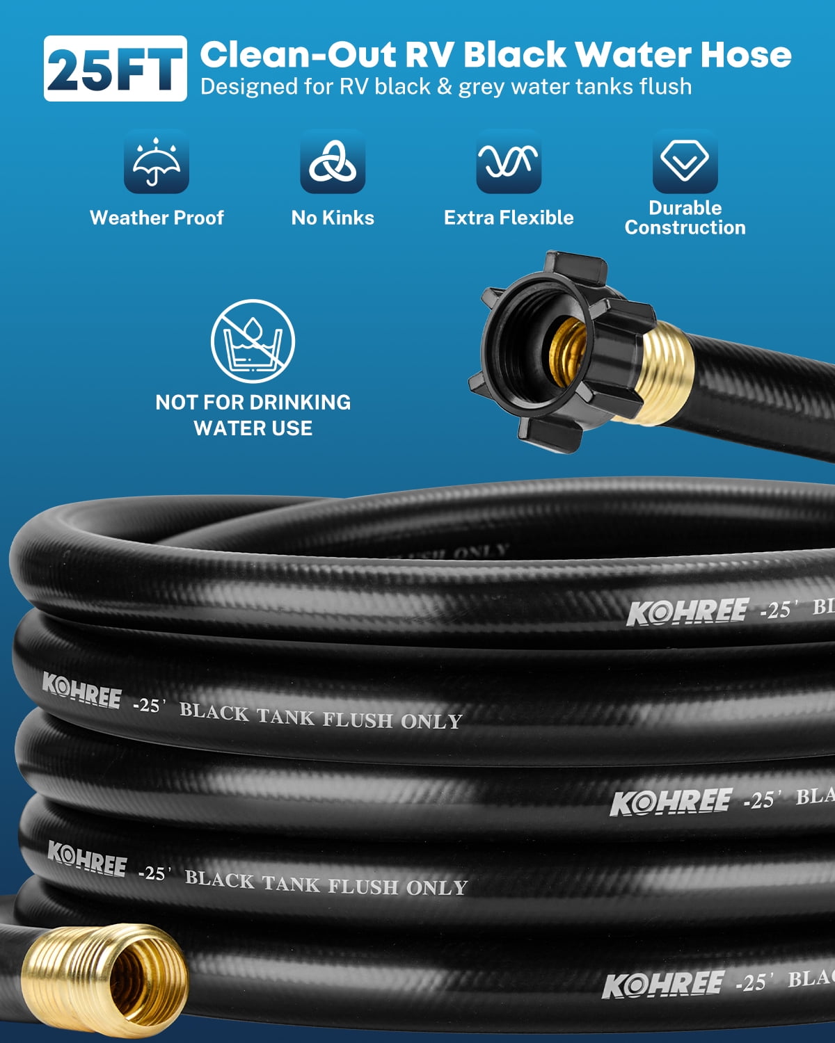 Kohree Camper & RV Black Water Hose - No-Kink Design with Sewer Hose Accessories for Black Water, Gray Water, RV Tank Cleaning, 25FT 5/8" Diameter