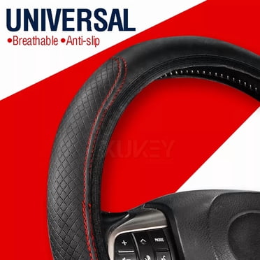 Leather Car Steering Wheel Cover For Good Grip Auto Accessories 15" Black   Red