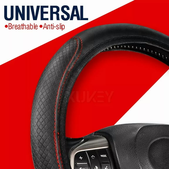 Leather Car Steering Wheel Cover For Good Grip Auto Accessories 15" Black Red