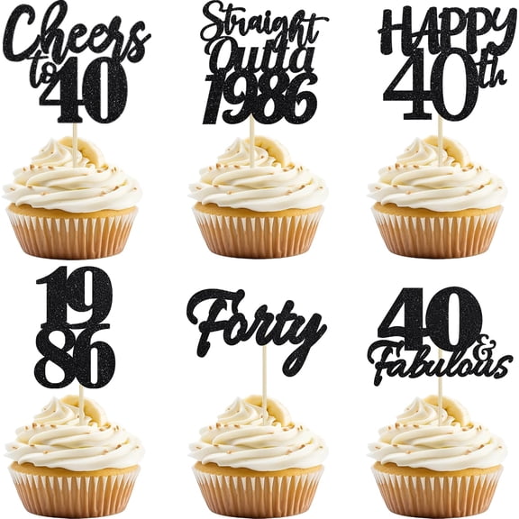 12pcs Black 40th Birthday Cupcake Toppers, "Cheers to 40 Years" Cake Picks for Men 40th Birthday Party Decorations