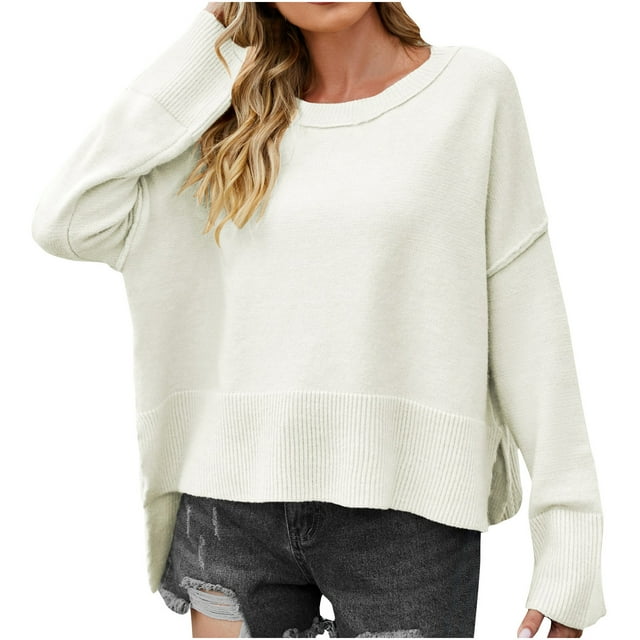 Besolor Chandails d'Automne Printemps pour Femmes 2024 Décontracté Col Rond Manches Longues Fente Latérale Pull Tricoté
