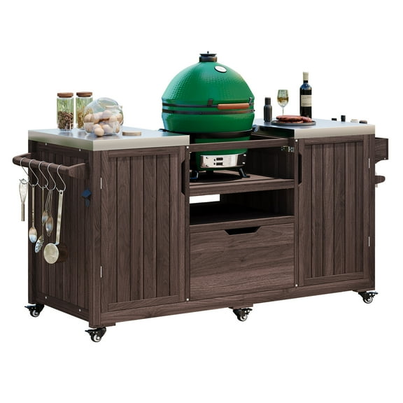 66.5" Outdoor Kitchen Island for Big Egg Grills, Wooden Rolling Grill Cart with Stainless Steel Top, Pull-out Drawer, Storage Rack, Spice & Towel Rack for BBQ, Brown