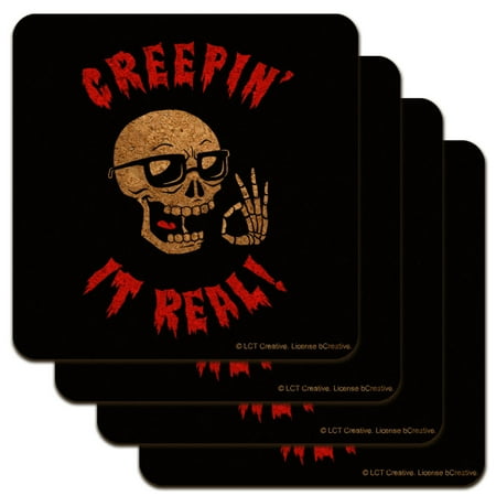 

Creepin It Real Keeping Skull Funny Humor Low Profile Novelty Cork Coaster Set