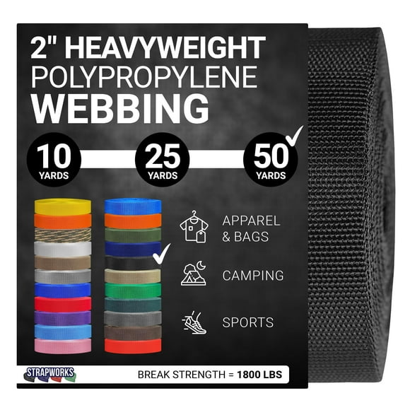 Strapworks Sangle en Polypropylène Épaisse - Lanières en Poly Robuste pour Réparation d'Équipement de Bricolage Extérieur, 2 Pouces x 50 Yards, Noir