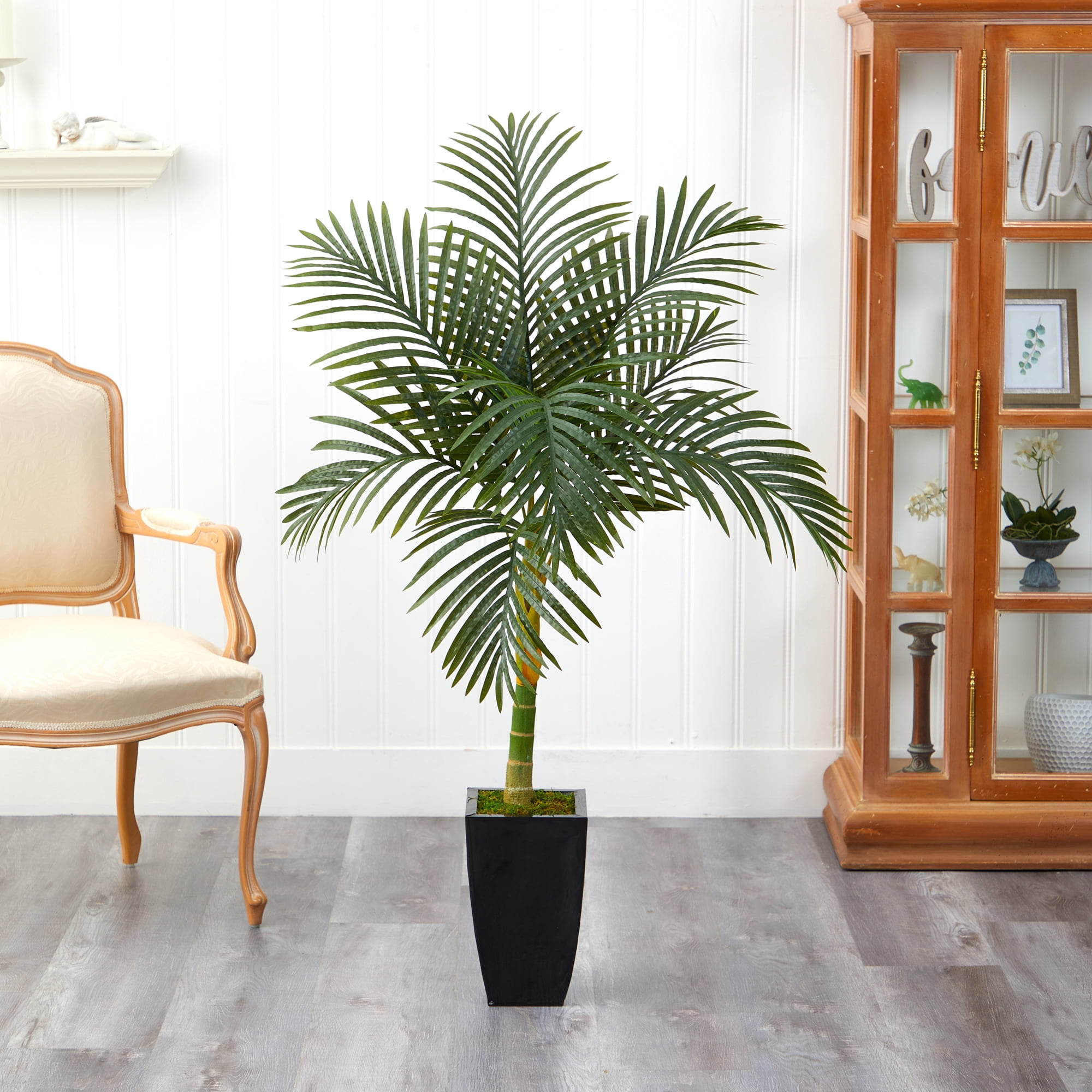 Nearly Natural 4.5' Golden Cane Artificial Palm Tree in Black Metal Planter