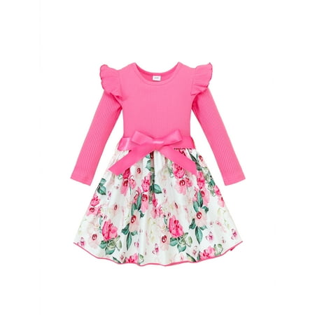 

KIMI BEAR 4T Toddler Girls Dress 5T Toddler Girls Winter Clothing Round Neck Ruffle Long Sleeves Knit Dress Floral Dress Waistband A-line One-piece Dress Pink