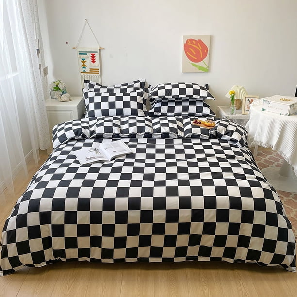Juego de cama de cuatro piezas de algodón cepillado Aloe simple para hombre, juego de sábana y edredón de tres piezas a cuadros a rayas