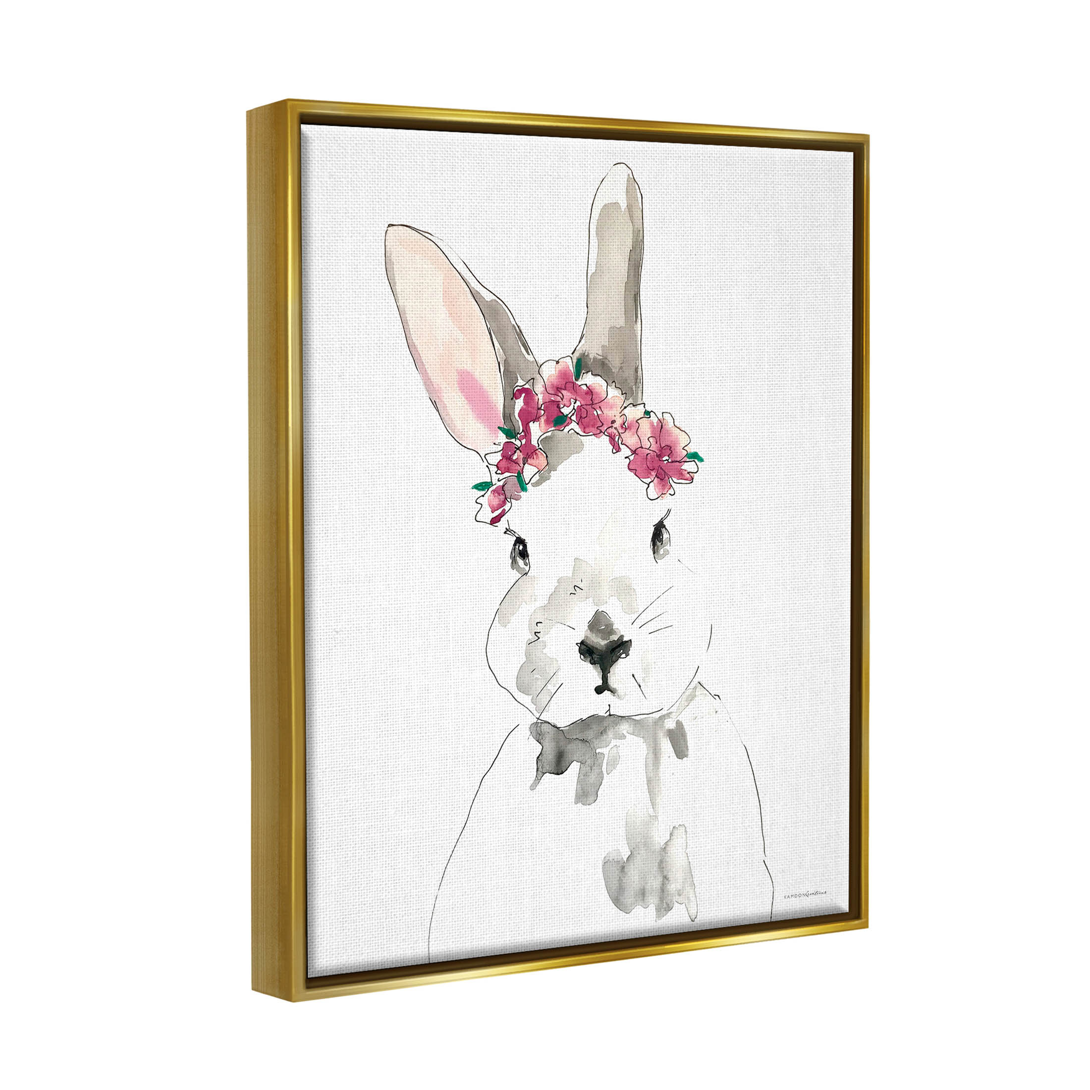 Bunny Pink Flower Doodle Animals & Insects Graphic Art Metallic Gold Framed Art Print Wall Art