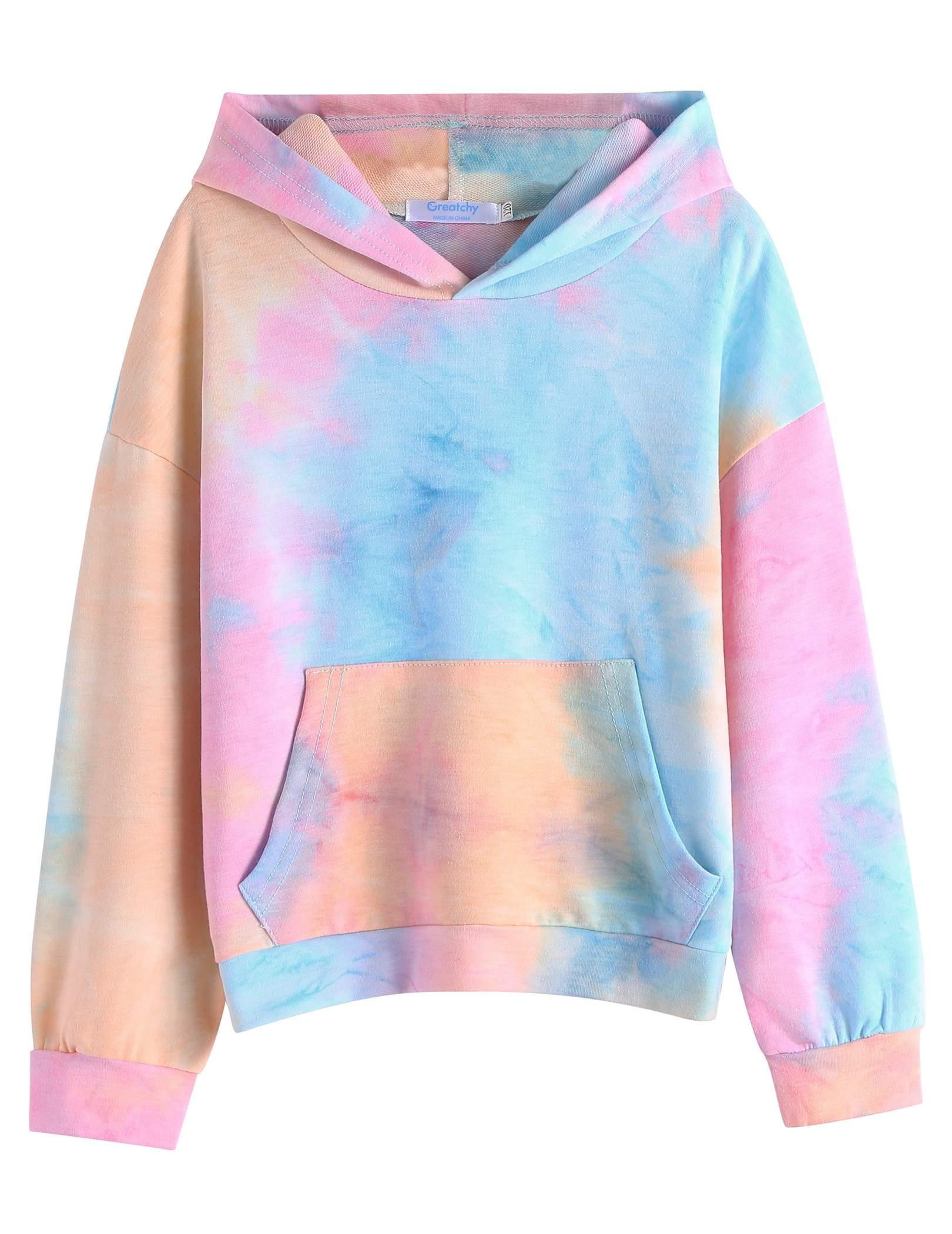 Greatchy Girls Tie Dye Hoodies Sweatshirts Loose Casual Long Sleeve Pullover Hooded With Pockets 