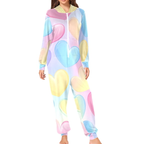 Seamless Yellow Purple Pink Blue Hearts Valentine Adult's Hoodie Onesie Jumpsuit One-Piece Pajamas with Zipper Unisex for Holiday S