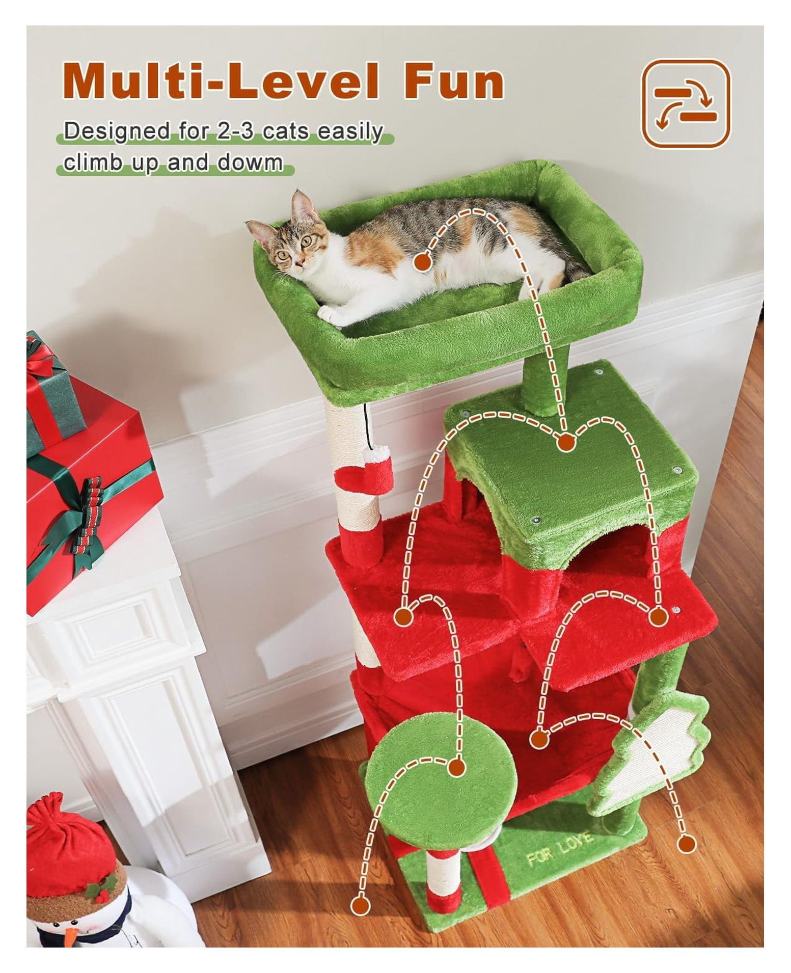 Cat Christmas Tree for Indoor Cats 56.3" - Holiday Cat Tree Tower with Hammock, Scratching Posts & Toys - Festive Red