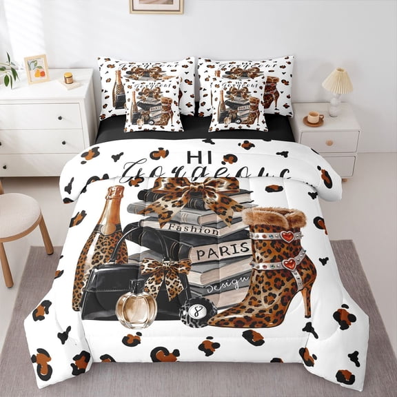 Homewish Cheetah High Perfume Bow 7-Piece Twin Bedding,Fashion Perfume Bedding Comforter Set,Brown,Black Reversible