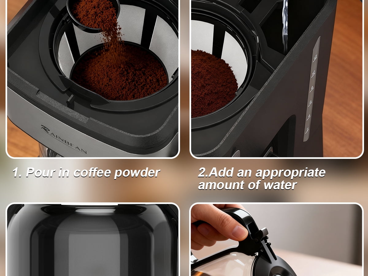 RAINBEAN 12 Cup Drip Coffee Maker,Home Office Coffee Brewing Machine with Removable Filter,Glass Carafe and Heated Base Black & Stainless Steel