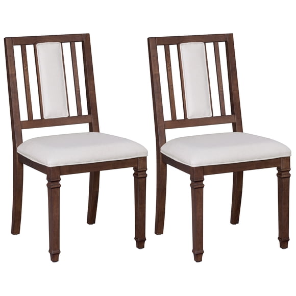WAMPAT Set of 2 Vintage Mid-Century Dining Chairs, Solid Wood Frame, Beige Fabric Upholstery, Thick Padded Seat, High Back, Farmhouse Rustic, Dark Walnut Brown