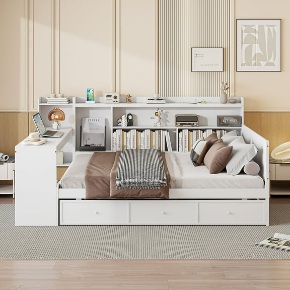 Full Size Wooden Daybed With 3 Drawers, USB Ports and desk ,White