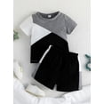 thumbnail image 2 of Toddler Boys Summer Outfits Contrast Color Short Sleeve T-shirt and Casual Elastic Shorts Set, 2 of 8