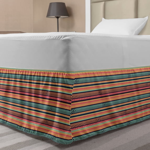 Tribal Bed Skirt, Repetitive Pattern with Colorful Stripes Arrows Triangles and Rhombs, Elastic Bedskirt Dust Ruffle Wrap Around for Bedding Decor, 4 Sizes, Multicolor, by Ambesonne