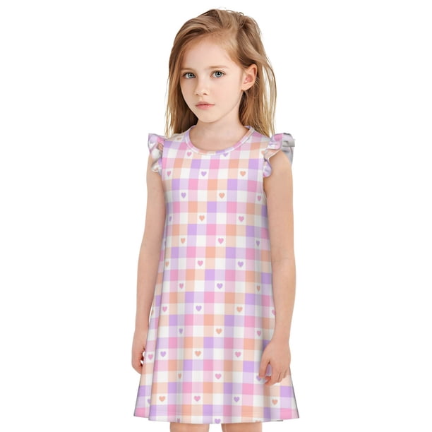 Fotbe Heart Buffalo Plaid Vestido de Dormir para Niñas de 3 a 10 Años, Mangas Cortas, Estilo Princesa, Pijama Camisón con Mangas Voladas-XX-Large