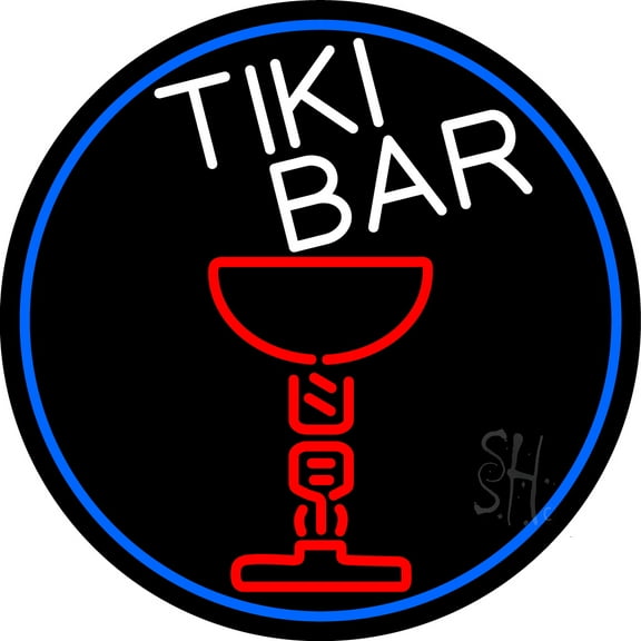 Tiki Bar Martini Glass Oval With Blue Border LED Neon Sign 26 x 26 - inches, Clear Edge Cut Acrylic Backing, with Dimmer - Bright and Premium built indoor LED Neon Sign for Bar decor.