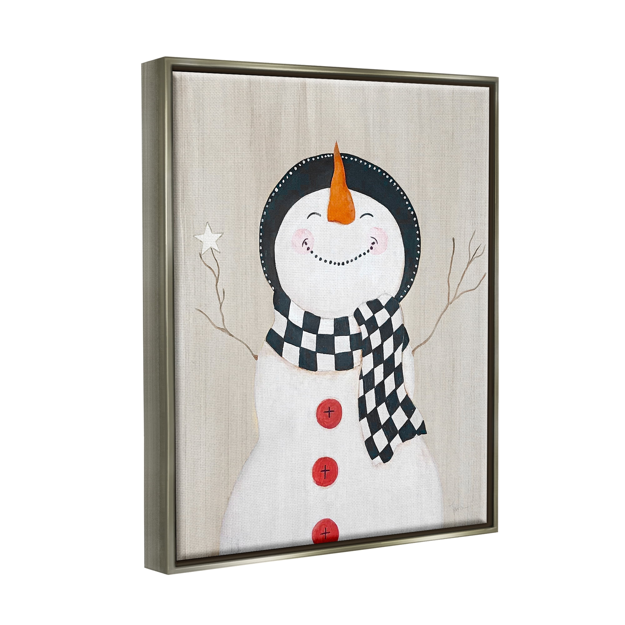 Stupell Industries Happy Smile Winter Snowman Holiday Painting Gray Floater Framed Art Print Wall Art