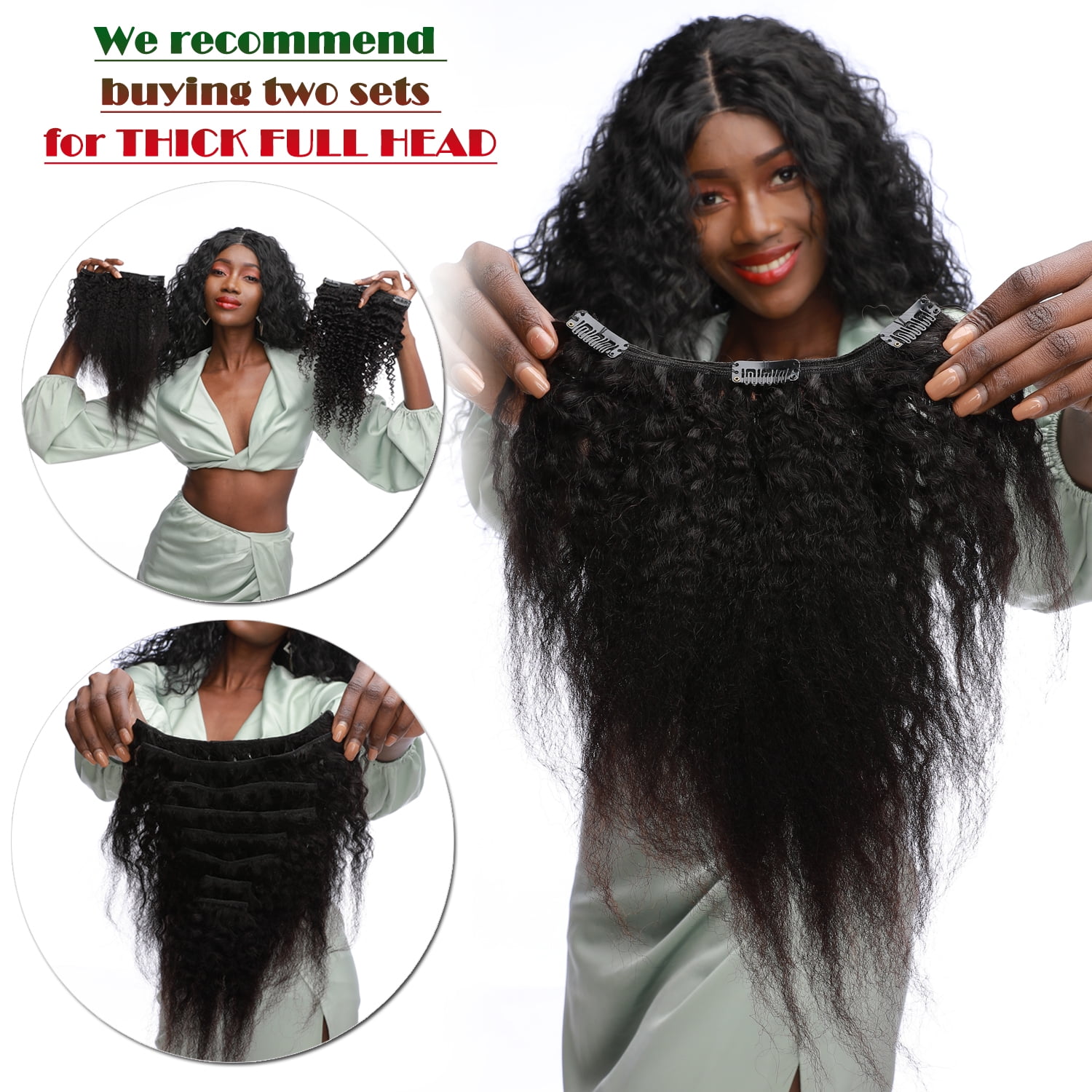 Benehair Clip In Human Hair Extensions Afro Kinky Curly Thick Full Head Double Weft Black African 100% Brazilian Remy Wavy Hair 8 Pieces