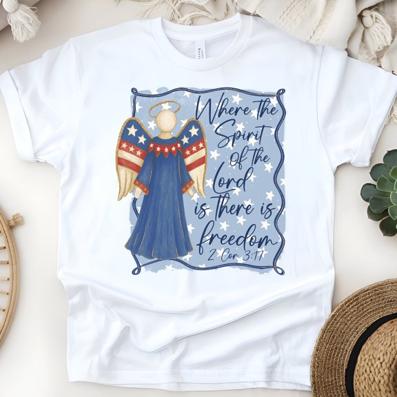 Patriotic Angel Bible Verse T-Shirt | 2 Corinthians 3:17 Christian Freedom Tee, White, Size S