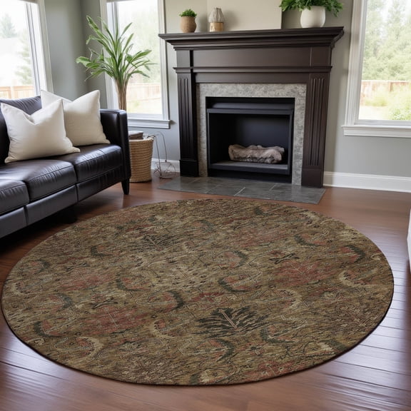 Addison Rugs Mayfield Premium Machine Washable Transitional Damask Brown Round Rug, 8' x 8'