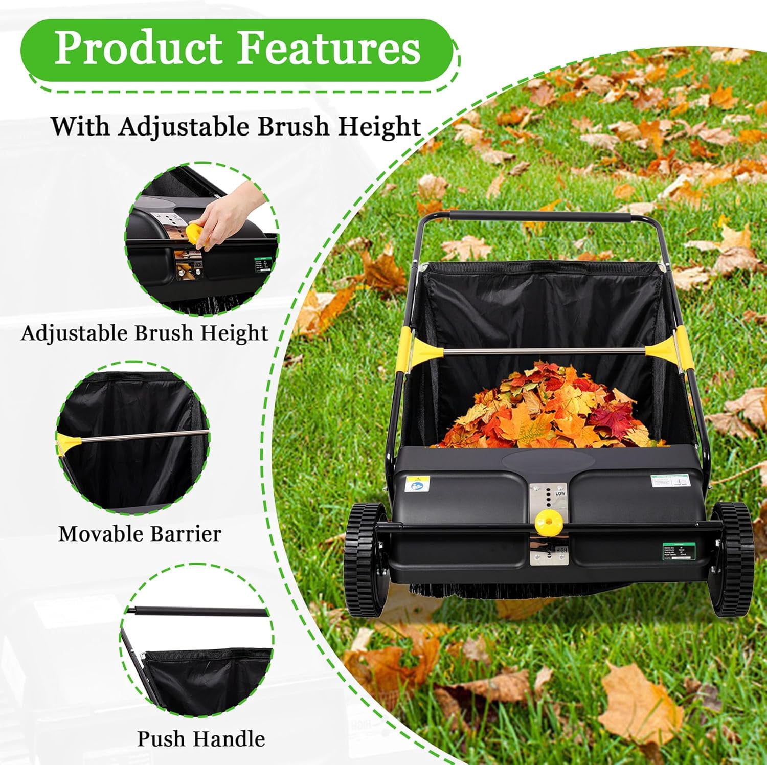 Elleree 26 inch Hand Push Lawn Sweeper for Leaves and Grass Clippings & Yard Debris,Leaf & Grass Collector with Wheels ,4 Spinning Brushes & 7 cu ft Hopper Bag
