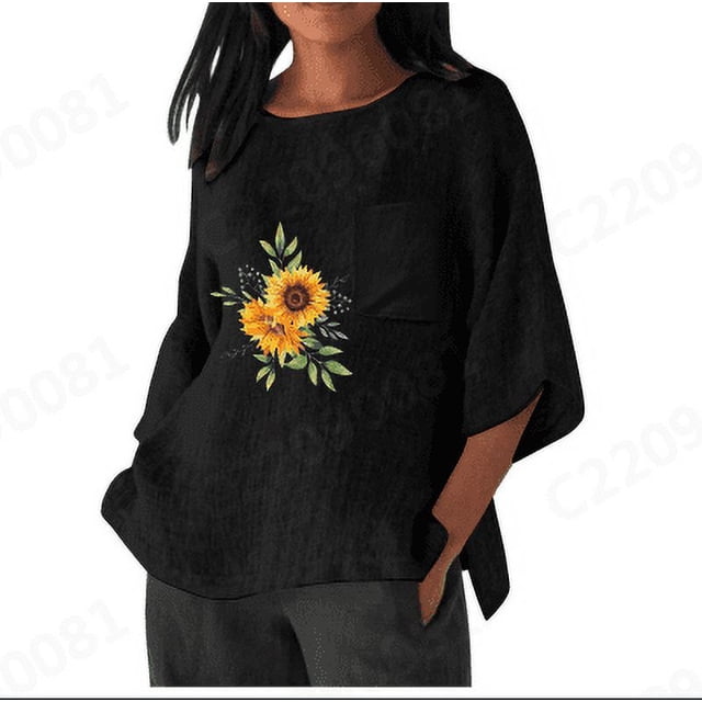 T-Shirts à Manches Longues pour Femmes Imitation Coton et Lin Imprimé Manches 3/4 Col Rond T-Shirt Ample Décontracté Léger et à la Mode Top d'Été Flash Picks