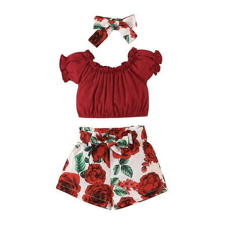 

Qtinghua Toddler Baby Girls Summer Outfits Short Sleeve Tops+Floral Shorts with Belt+Headband Set Red 12-18 Months
