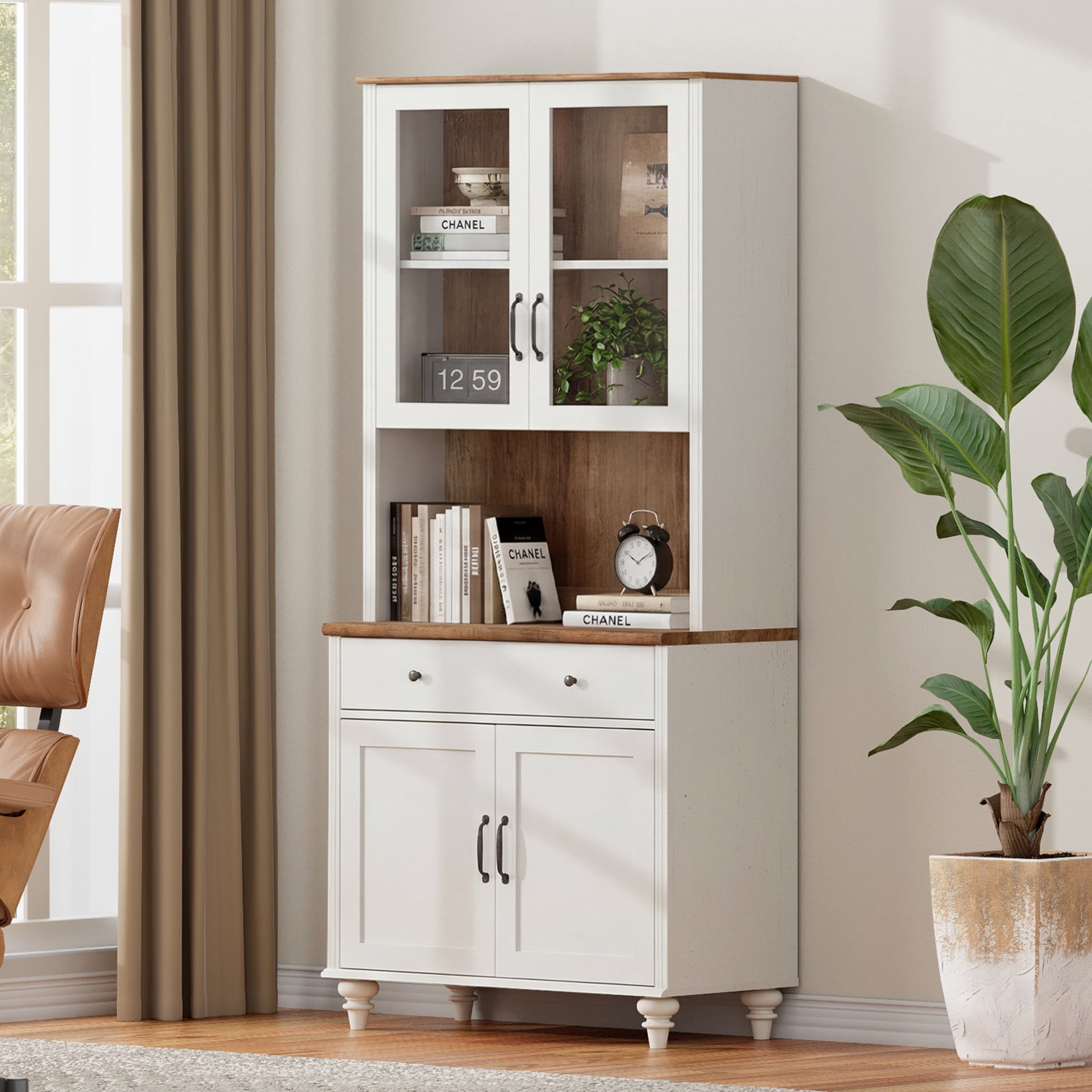 White Large Bookcase, Bookshelf with Storage Cabinet, Farmhouse Library Wooden Bookshelves for Living Room, Office, Study Room, Kitchen
