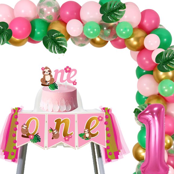 Sloth 1st Birthday Decorations for Girls, Pink Sloth Birthday Balloon Garland Arch Kit, One Cake Topper High Chair Banner for Kids Jungle Animal Theme First Birthday Party Supplies