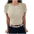 thumbnail image 1 of AherBiu Hauts Côtelés pour Femmes Été Col Rond Tricoté Manches Courtes Extensible Ajusté pour Sortir T-Shirts, 1 of 5