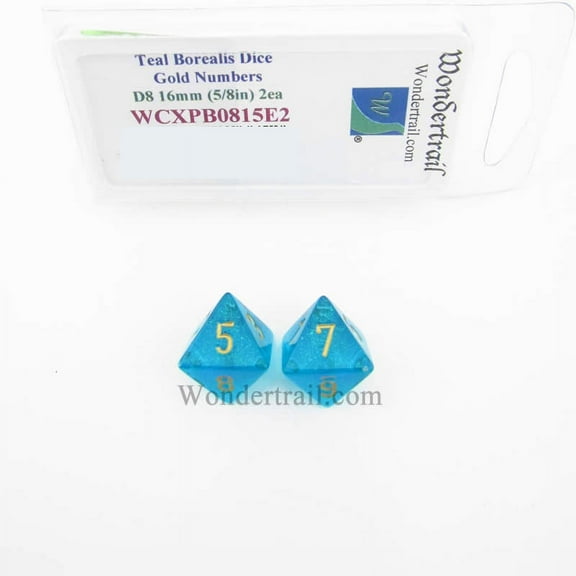 Teal Borealis Dice with Gold Numbers D8 Aprox 16mm (5/8in) Pack of 2 Wondertrail