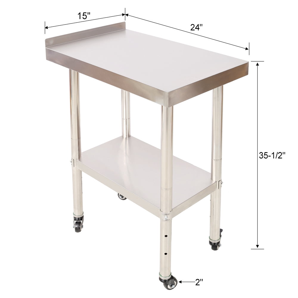 Stainless Steel Prep Table, 24 x 15 x 35-1/2 Inch, 440lbs Load Capacity Heavy Duty Metal Worktable with Backsplash Adjustable Undershelf & 4 Casters, Commercial Workstation for Kitchen Restaurant