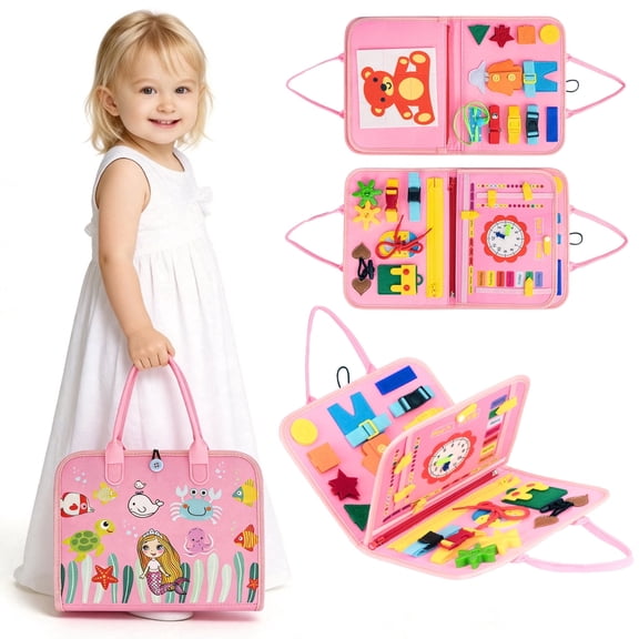 Lvelia Busy Board Montessori Toys for Toddler Girl Birthday Gifts, Busy Book Sensory Learning Toys for Toddlers, Educational Learning Toy for Airplane Car Travel, Pink
