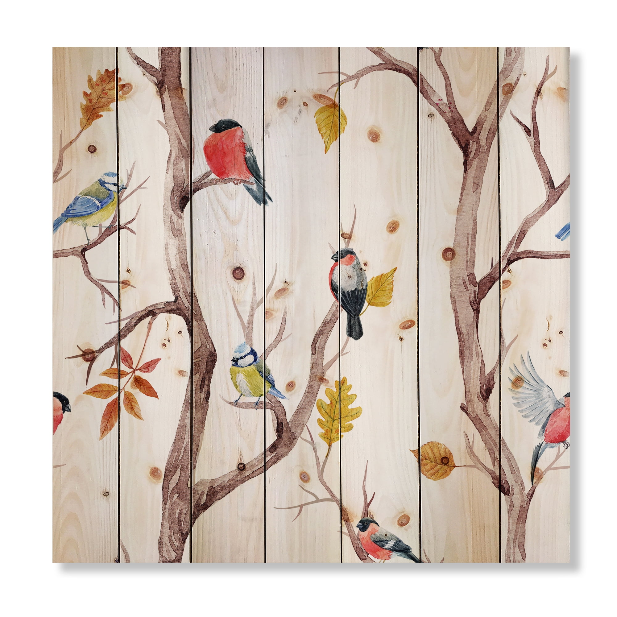 Designart 'Little Birds and Fall Trees' Traditional Print on Natural Pine Wood
