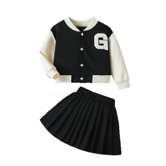 Utlike Girls 2 Piece Set Casual Outfits For Girls Skirt Sets Embroidered Letter Snap Front Long Sleeve Jacket With Solid Color Pleated Skirt Clothing Sets Size 3Y-4Y