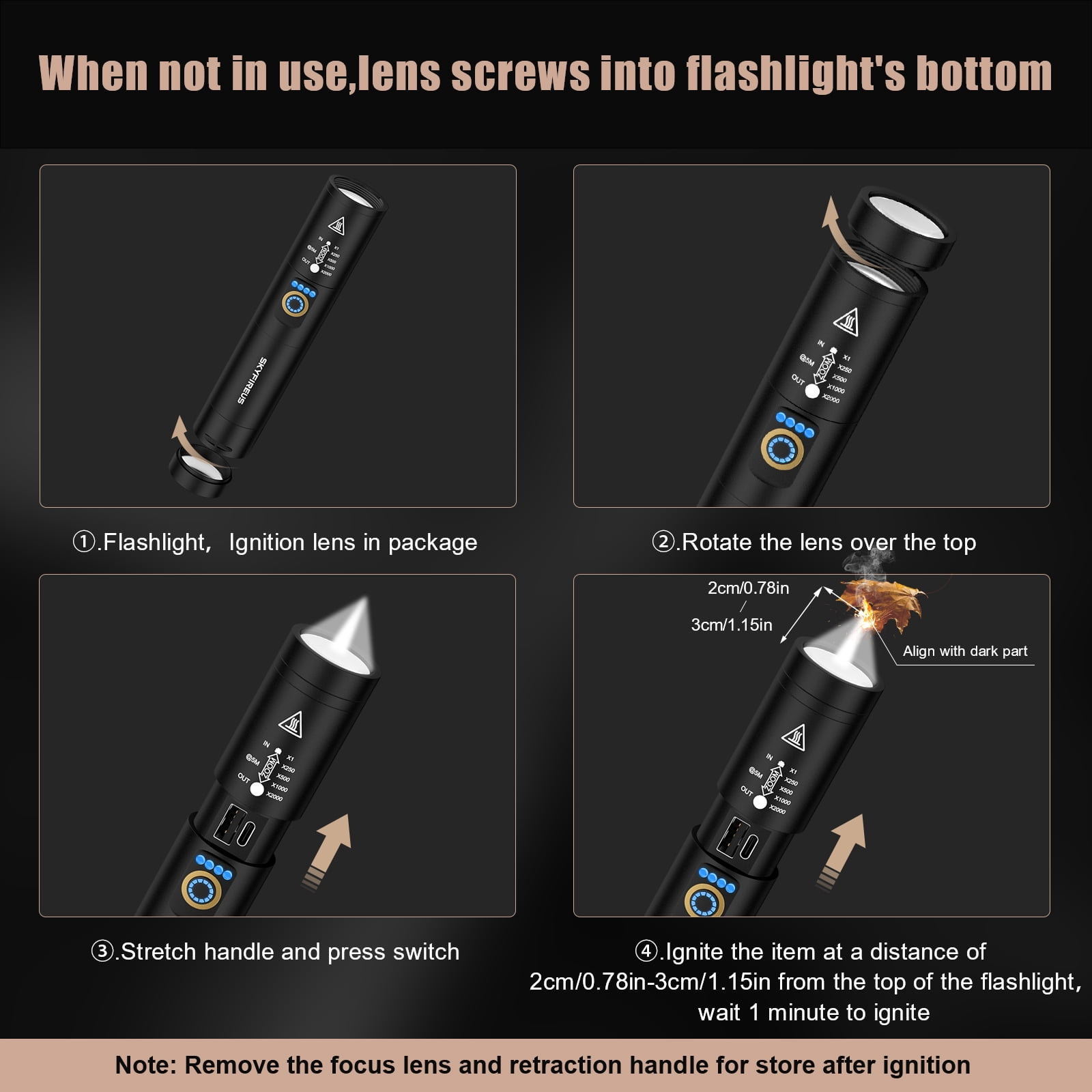 Skyfire Rechargeable Flashlight with Ignition Lens, Ultra-High Lumen LED, Tactical Design, 1PC