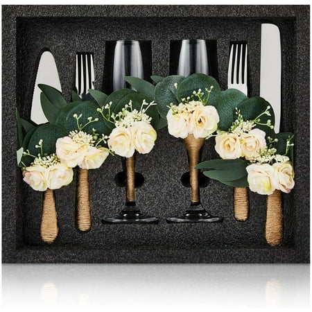 

6 Pcs Wedding Cake Knife and Server Set Stainless Steel Cake Knife Pie Server 2 Pcs Forks and 2 Pcs Champagne Glasses with Eucalyptus Leaves and Roses Wedding Decorations for Bride Gifts