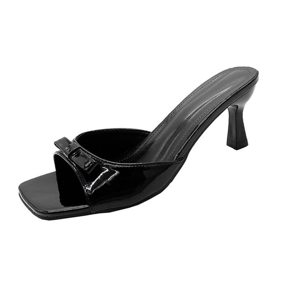 Black Womens Black Square Toe High Heel Sandals With Decorative Straps Fashion Casual Shoes For Summer Vacation
