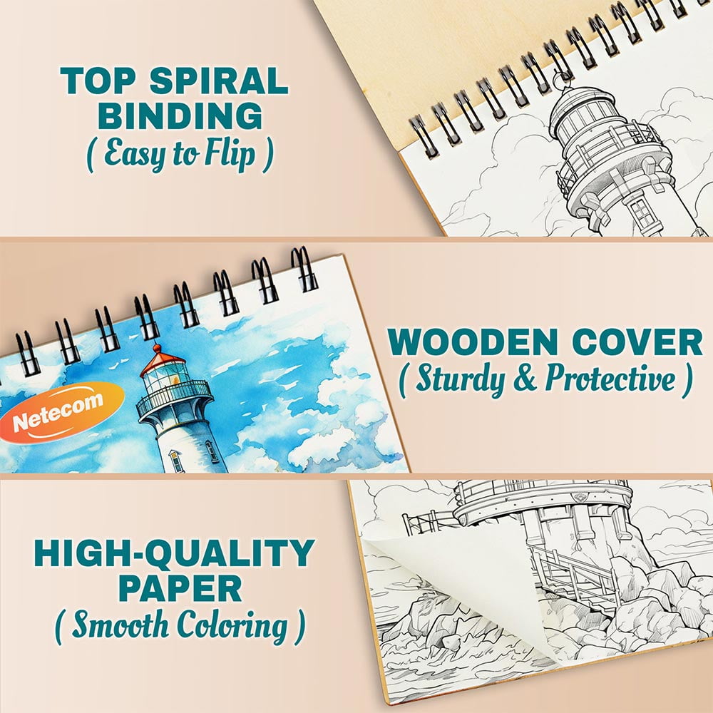 Netecom Lighthouse Scenes Coloring Book Spiral Bound For Adults, A5 Wooden Cover, 30 Calm Coloring Pages of Seaside Bluffs for Stress Relief and Relaxation