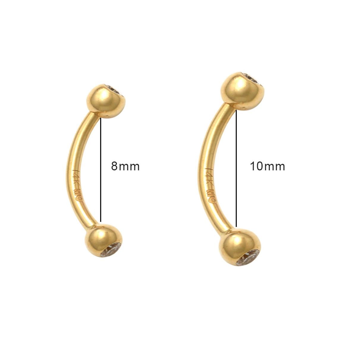 10K Yellow Gold Crystal Curved Barbell Eyebrow Body Jewelry 016 Gauge