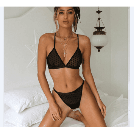 

Eyicmarn Women Sexy-Lingerie Nightwear Babydoll G-string Bra Set Open Cup Halter 2 Piece Outfits