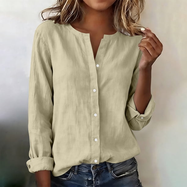 Craaazy Women's Casual V-Neck Blouse, Solid Color Long Sleeve Button Down Shirt, Loose Fit Comfy Tops for Daily Wear Gifts