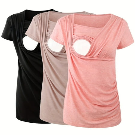 

DFHEE 3-Piece Maternity Nursing Tops - Comfortable Short Sleeves Flattering Side Ruched Design Convenient Breastfeeding Access - Designed Exclusively for Women Multiple Outfit Options