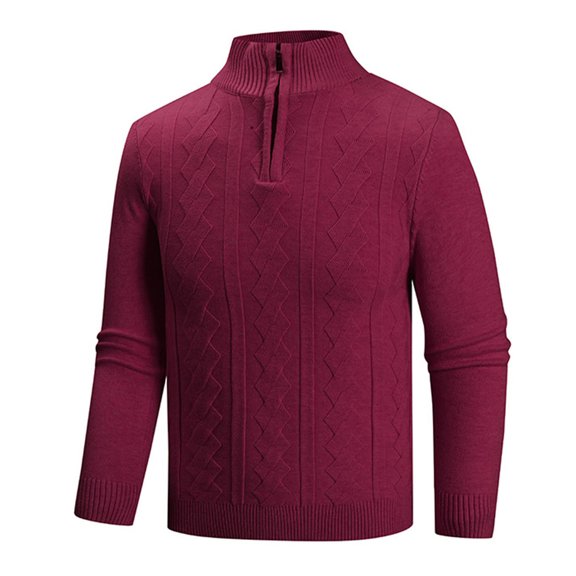 Men's Sweater Long Sleeve Half Zip Mock Neck Solid Ribbed Knit Pullover Top Wine 3XL