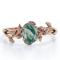 JeenMata Inspired by Nature - 1.3 Carat Oval Shape Milky White Moss Green Agate - Four Prong Setting Engagement Ring - 18K Rose Gold Plating over Silver