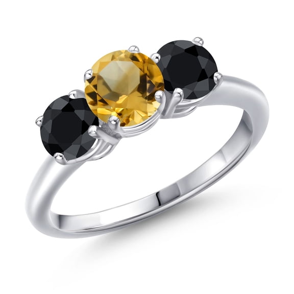 Gem Stone King 925 Sterling Silver Yellow Citrine and Black Sapphire Engagement Ring for Women | 2.18 Cttw | Round 6MM | Gemstone November Birthstone | Size 5